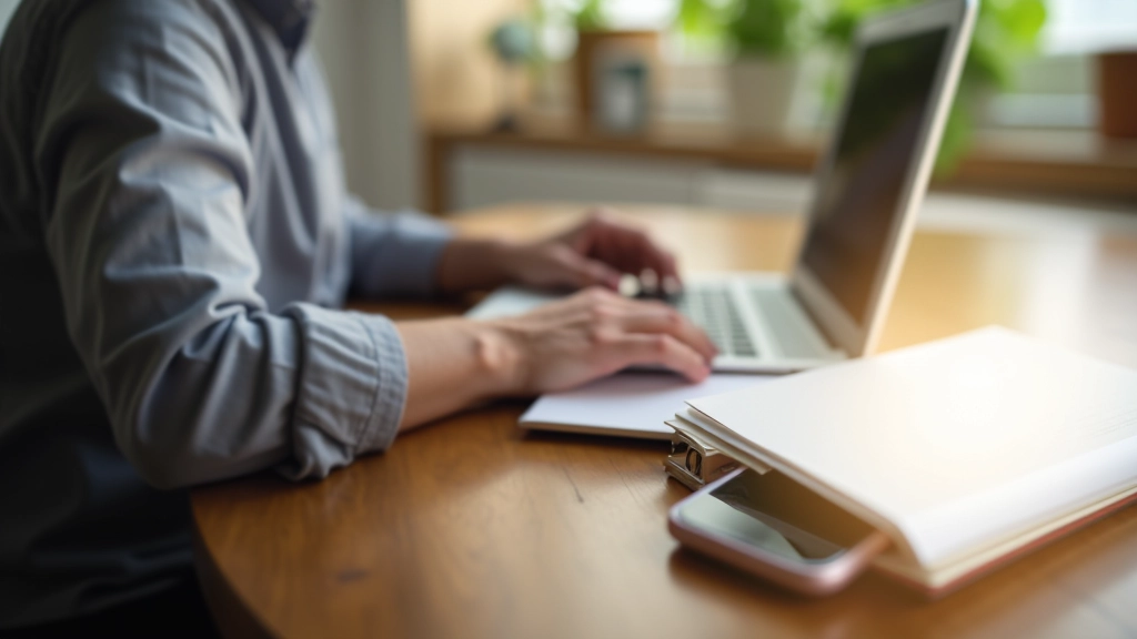 Person working at desk with phone placed in a drawer, laptop showing focused work application