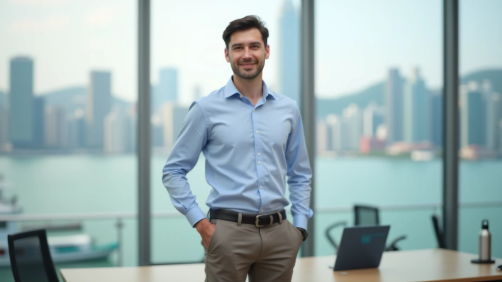 Person at standing desk with water bottle and exercise equipment visible in modern Hong Kong office