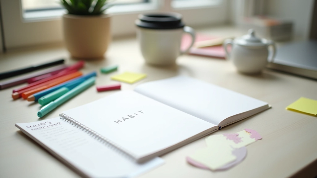 Desk workspace with habit journal, pen, and motivational sticky notes organized