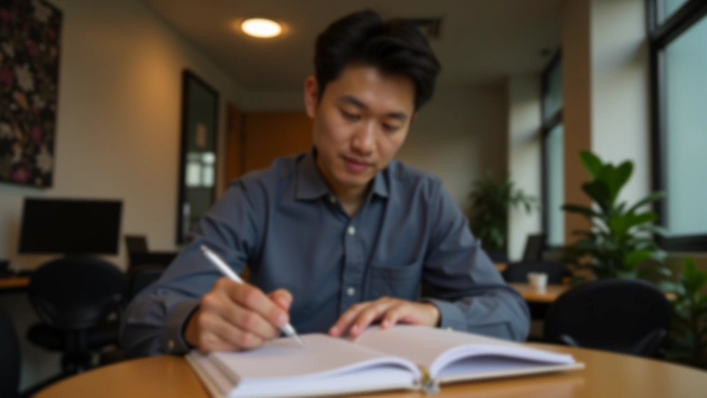 Person reading a productivity guide with notes and pen on desk