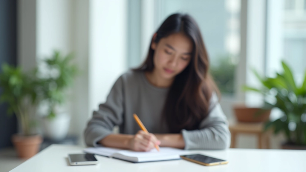 Person taking notes during digital detox with smartphone placed face-down on table