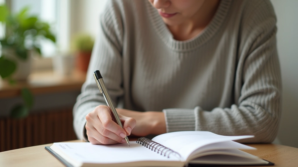 Person writing in notebook with habit tracking checklist visible