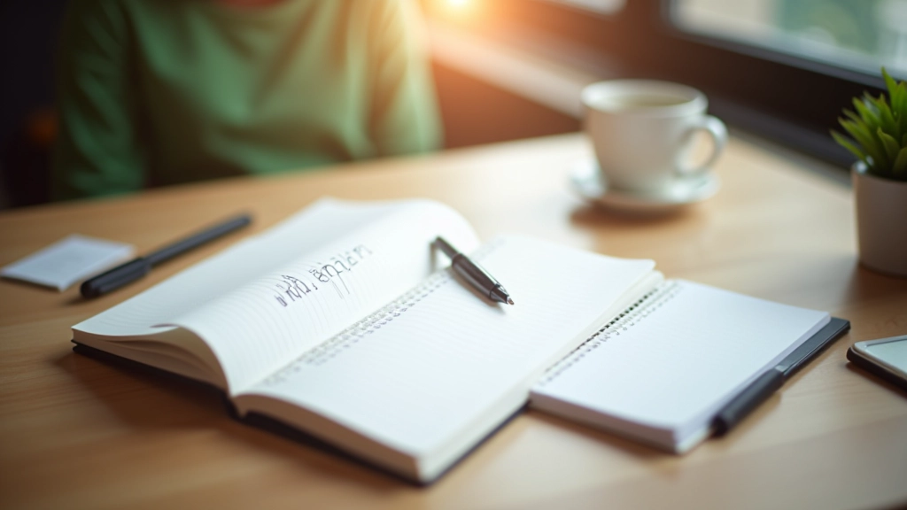 Wooden desk with journal, pen, and coffee cup showing organized workspace for time blocking