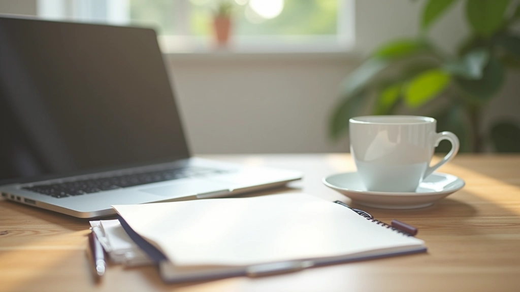 Modern workspace with laptop, notebook, and coffee cup showing organized productivity setup